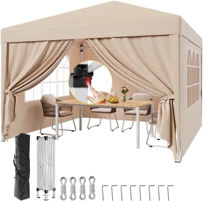Zerova Pop up Paviljoen met Zijwanden - Partytent 3 x 3 m - Pop up tent - Partytent opvouwbaar - Met Draagtas - Waterdicht - Beige