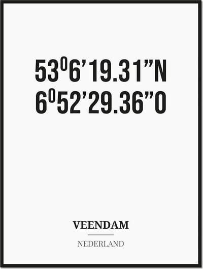 Poster/kaart VEENDAM met coördinaten