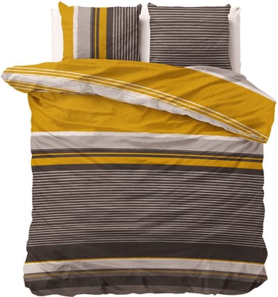 2-persoons dekbedovertrek (dekbed hoes) goud geel (okergeel) gestreept met smalle strepen / banen in het zwart, wit en antraciet grijs GEMENGD KATOEN tweepersoons 200 x 220 cm (modern beddengoed slaapkamer)