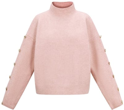 Comfortabele Gebreide Polyester Dames Trui met Schildkraag en Goudkleurige Knopen - Gebroken Wit - S/M