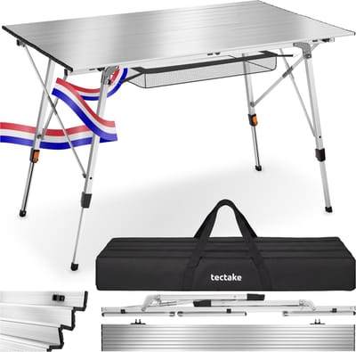 tectake® Campingtafel - 120 x 70,5 x 58 - 79 cm - Klaptafel van Aluminium - Oprolbaar xxl-tafelblad - Vouwtafel - Reistafel - Tuintafel - Weerbestendig - In hoogte verstelbaar - Draagtas - Inklapbaar - Zilver