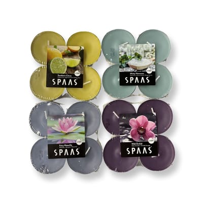 Spaas Geurtheelichtjes/waxinelichtjes Maxi - Assortiment - Sfeerpakket - 16 stuks - 10 branduren - 4x 4 geurkaarsen