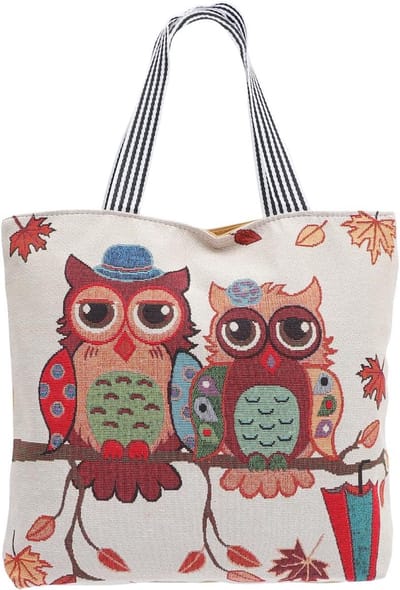 Schoudertas - Draagtas Linnen - Boodschappen Doen - Met Uilpatroon - 44.7x36.5x8cm - Zoals Afgebeeld