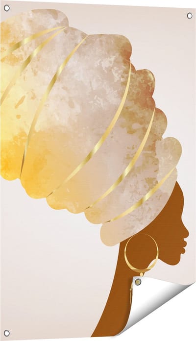Gards Tuinposter Afrikaanse Vrouw met Gouden Tulband - 60x90 cm - Tuindoek - Tuindecoratie - Wanddecoratie buiten - Tuinschilderij