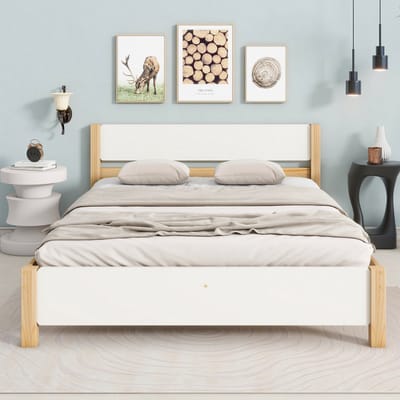 Tweepersoonsbedden - 140x200cm - Houten Dubbelbed Met MDF Hoofd- en Voeteinde - Kiefernhouten Frame Met Middenpoot - Wit/Natuurlijk