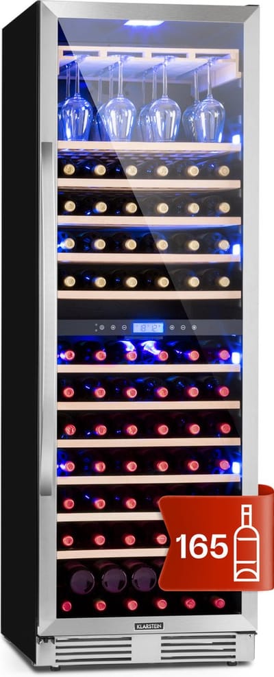 Klarstein Inbouw Wijnkoelkast, Drankenkoelkast met 2 zones, Kleine wijnkast 433L, Kleine wijnkoelkast met glazen deur, Flessenkoeler voor binnen en buiten, Wijnkoelkast voor 165 flessen - 5-12°C 70 cm - voor Bar - Vrijstaand - Wit