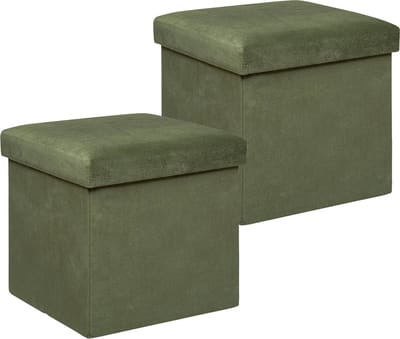 Atmosphera Poef/krukje/hocker Amber - 2x - Opvouwbare zit opslag box - fluweel Dennengroen - D38 x H38 cm - MDF/polyester