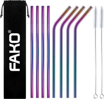 Fako Bijoux - RVS Rietjes - 8 Stuks - Recht & Gebogen - Herbruikbaar - 21 cm - 2 Schoonmaakborsteltjes - Regenboog