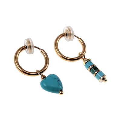 ∅16mm Oorclips met Turkoois Stenen - Verguld RVS - Dames Oorbellen met Hart en Buis Hangers