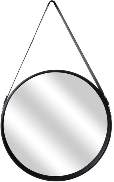 Home Deco Factory spiegel - rond - zwart - hout - met leren handvat - D450 cm