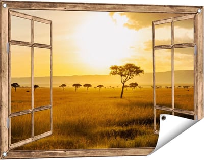 Gards Tuinposter Doorkijk Zonsondergang in de Savanne - 90x60 cm - Tuindoek - Tuindecoratie - Wanddecoratie buiten - Tuinschilderij