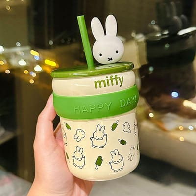 Tasse à paille en céramique Miffy Lapin Mignonne Tasse à thé de l'après-midi Cœur girly Cadeau personnalisé Souvenir 450ml green