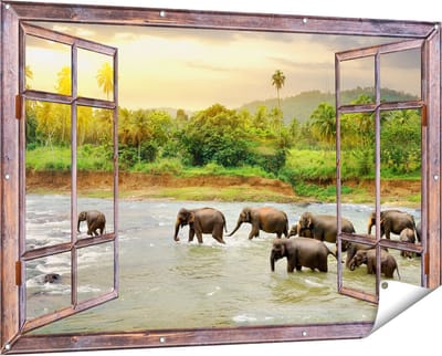 Gards Tuinposter Doorkijk Kudde Olifanten in het Water - 150x100 cm - Tuindoek - Tuindecoratie - Wanddecoratie buiten - Tuinschilderij