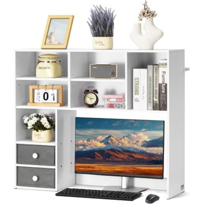 VEVOR Bureau Boekenplank 3-laags Organizer (94 x 25,4 x 79,2 cm) Tafelplanken Organizer Displayplank Gemaakt van Spaanplaat + Melaminepapier, Plank met Antislipvoetjes, voor Kantoor Wit