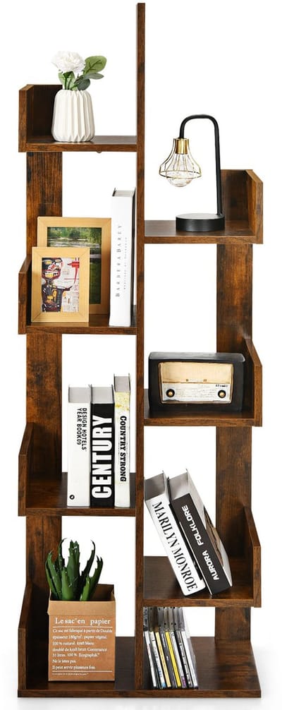 COSTWAY Boekenkast in boomvorm, staand rek met 8 vakken, plank, opbergrek voor woonkamer, slaapkamer, kantoor, 50 x 25 x 145 cm (vintage bruin)