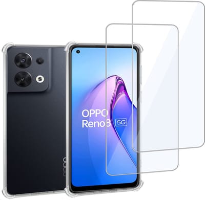 Geschikt voor OPPO Reno 8 - Hoesje + 2x Screenprotector – Gehard Glas Cover + Shock Proof Case – Transparant