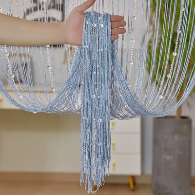 Vliegengordijn, Deurgordijn, Gordijn van draad met kristallen kralen, schermgordijn met kwastjes, geschikt voor deuropening, binnen decoratie, salon, bruiloft, feestdecoratie, woonkamerafscheiding - 1x2 meter(zilvergrijs kleur)| Cyslmuk®