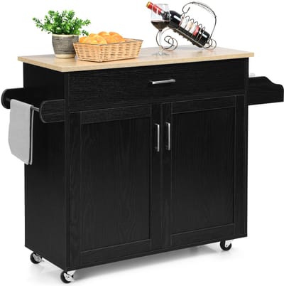 COSTWAY Keukeneiland serveerwagen, rollende keukenwagen met vergrendelbare rubberen wielen, grote kast, lade, kruidenrek en handdoekrek, 3-positie verstelbare plank, 116 x 40 x 85 cm (Zwart)