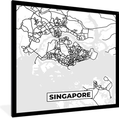 Fotolijst incl. Poster Zwart Wit- Singapore - Plattegrond - Stadskaart - Zwart Wit - Kaart - 40x40 cm - Posterlijst