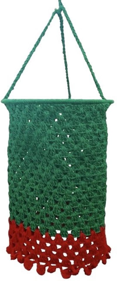 Leena-Leena duurzame lampion - groen/rood - bio katoen - 15ø cm x L 22 cm + ophanglus - hand gehaakt in Nepal - bohémien lamp - boho lamp - kinderkamer - kamerdecoratie - hanging basket - moederdag