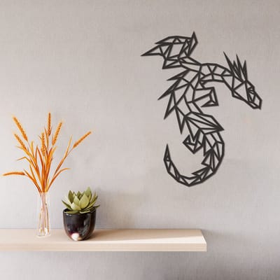 Geometrische Wanddecoratie - Draak - Hout - Wall Art - Muurdecoratie - Zwart - 37 x 29 cm