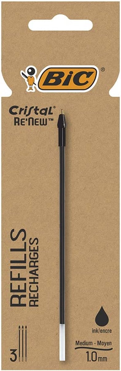 BIC Cristal Re'New balpenvulling, medium, 3 st, zwart