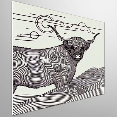 Line art schotse hooglander schilderij | Prachtig patroon: Schotse vacht geweven in gouden lijnenkunstwerk | Kunst - 75x75 centimeter op Forex | Foto op Forex