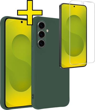 Hoesje - Met Screenprotector - Geschikt voor Samsung Galaxy S25 - Sterk & Shockproof - Back Cover - Siliconen Case - Telefoon Hoes - Telefoonhoesjes - Donkergroen