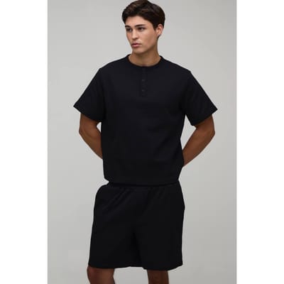Relaxed Fit Waffle Henley T-Shirt | Black | Size XS