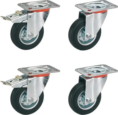 4 Rubberen Zwenkwielen - 2 met Rem en plaatbevestiging & 2 met plaatbevestiging - Ø 75 mm - Zwenkwiel Rubber