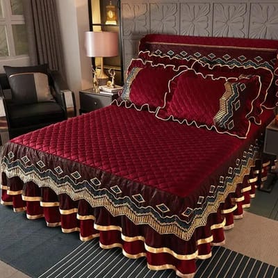Europese Vintage Kant Fluweel Verdikken Sprei King Size Bruiloft Gewatteerd Zacht Ruches Bedrok Set Queen 200x220cm 1pc
