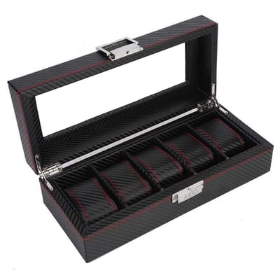 Axbo Luxe Horloge Doos – Opbergdoos – 6 Vakken – Sieradendoos – Carbon Fiber look – Verwijderbaar Kussens – Watch Box – Leder – Leer – Zwart - Rood
