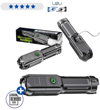 Oplaadbare LED Zaklamp Waterdicht 300 Lumen 3 Lichtstanden USB Camping Survival Zwart Met Ebook