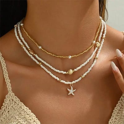 3-delige Dames Ketting Set - Schelp, Ster & Parel Hangers - Kralen Ketting Goudkleurig Dames - Zomer Sieraden Strandlook - Perfect voor Vakantie, Festival, School & Boho Outfit