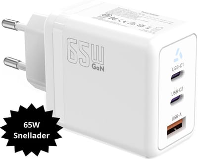 Vastiq Power® 65W GaN USB-C Snellader – Power Delivery USB-C Oplader Adapter – Laptop Oplader met 2x USB-C + 1x USB-A – Snelladen voor Laptop, Smartphone & Tablet – Compact – Wit