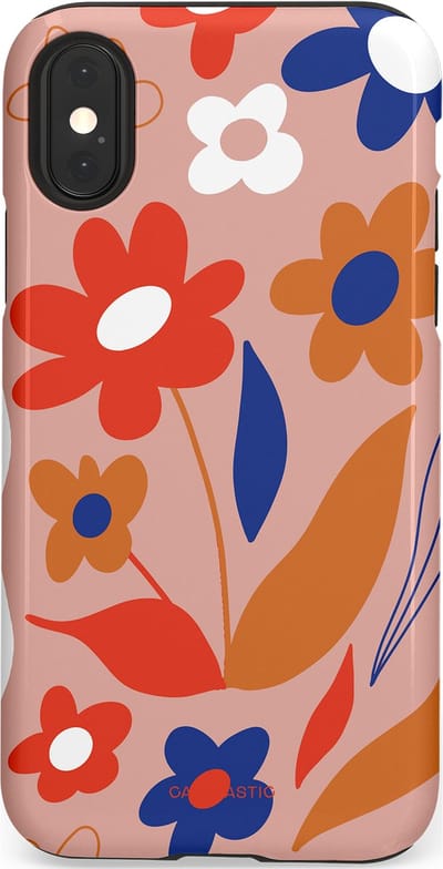Casetastic hoesje geschikt voor Apple iPhone X / Apple iPhone XS - Dubbellaagse bescherming - Vormen in bloei - Fashion Case - Perzik Rood Donkerblauw