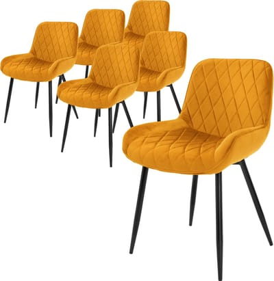 Eetkamerstoelen met rugleuning & armleuningen set van 6 mosterd fluwelen bekleding diamond quilting met metalen poten ML design
