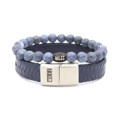 Milez - Armband set mannen - armband heren leer kralen - Donkerblauw - Maat S