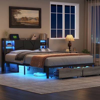 Opbergbed 140x200 cm industrieel met LED-hoofdbord en voetbord, 2 lades, USB-oplaadpoort en metalen frame met houtlook