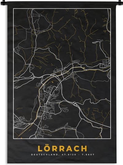 Wandkleed - Wanddoek - Goud – Duitsland – Plattegrond – Gold – Stadskaart – Kaart – Lörrach - 120x180 cm - Wandtapijt