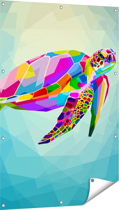 Gards Tuinposter Kleurrijke Schildpad in het Water - 80x120 cm - Tuindoek - Tuindecoratie - Wanddecoratie buiten - Tuinschilderij