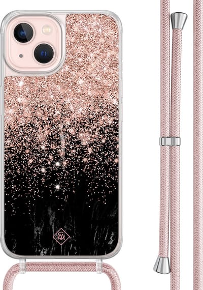 Casimoda® hoesje met rosegoud koord - Geschikt voor iPhone 13 - Marmer Twist - Afneembaar koord - TPU/acryl - Rosekleurig