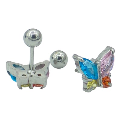 Vlinder oorstekers voor dames of meisje - Hypoallergeen staal - 9.5 x 8.5 mm - Briljant & Marquise geslepen gekleurde CZ stenen - Schroefsluiting
