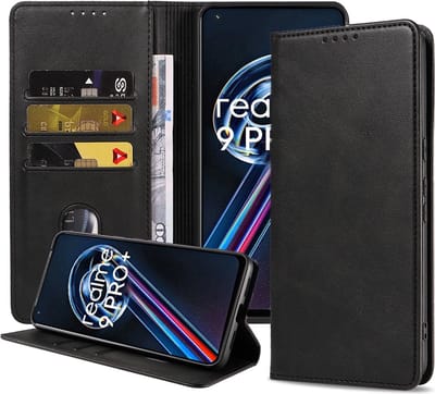 Smartphonica Telefoonhoesje geschikt voor Realme 9 Pro Plus kunstleren Hoesje met Magnetische sluiting en Pasjeshouders Book Case met Klepje - Zwart geschikt voor Realme 9 Pro Plus