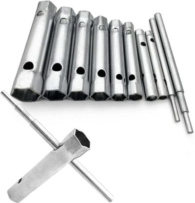 Een set van 10 buissleutels, variërend in grootte van 6 mm tot 22 mm, (voor het vastdraaien van bougies), voor het demonteren/monteren van kranen en mengkranen, en voor het losdraaien van moeilijk bereikbare bouten.