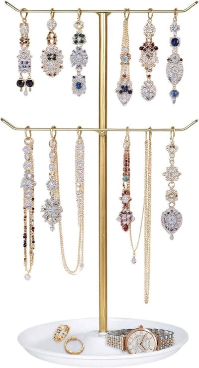 Drie-laagse Sieradenstandaard met T-vormige Houder, Elegante Gouden Afwerking, Ideaal voor Kettingen, Armbanden en Oorbellen, Perfect voor Organisatie en Toegang