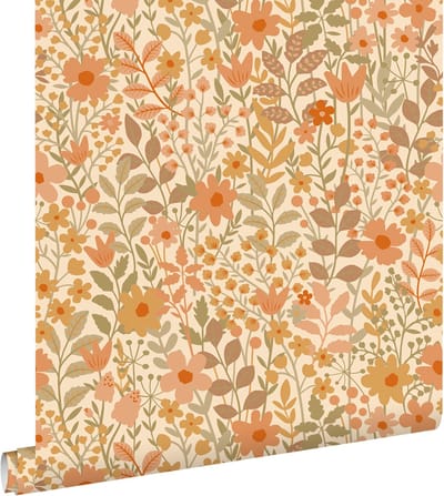 ESTAhome behang bloemetjes oranje, geel en groen - 50 x 900 cm - 131940