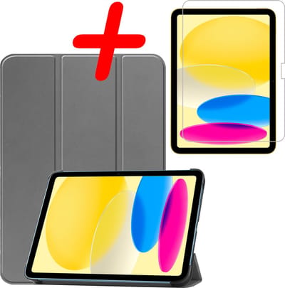 Hoesje Geschikt voor Apple iPad 10 (2022) - 10.9 inch - 10e Generatie - Met Screenprotector - Trifold Bookcase - Hard Cover - Hardcover Book Case - Tablet Hoes - Grijs