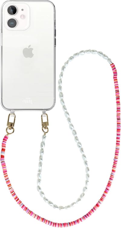 xoxo Wildhearts silicone case met koord - Transparant telefoonhoesje met koord - telefoonketting - Island Girl - long - Cord Case - geschikt voor Apple iPhone 12 - Lange parelketting / kralenketting - Parels - Wit / Roze