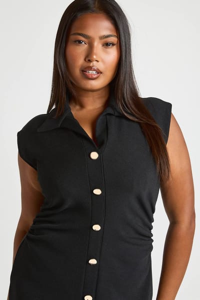 boohoo Dames Plus Gerimpelde zijkant Gouden knoop Skaterjurk | Zwart | Maat: 46
